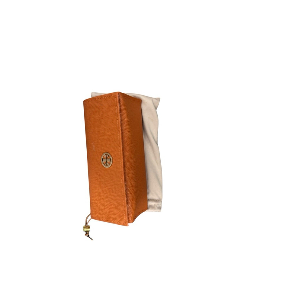 Tory Burch Triangle Siaffaino Leather Eyeglass Case Orange W Cleaning Cloth Bag - Picture 4 of 4